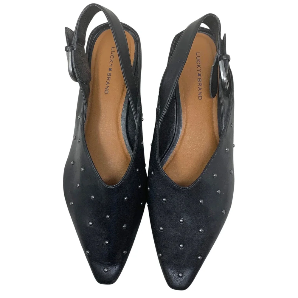 Lucky Brand Brigeet Slingback Flats Women's 9 Black Studded Pointed Toe Shoes